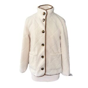Lauren Ralph Lauren Cream Quilted Jacket with Tan Trim Women's Size S Petit FLAW